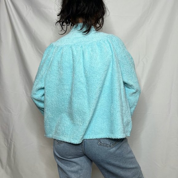 Vintage 1970s chenille bed jacket robe medium blue button down robe top romantic - Picture 6 of 9